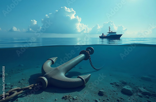 Ship yacht on surface of ocean water, sea anchor lies underwater. AI Generative photo