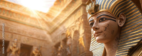 Pharaoh statue in ancient temple, sunlight illuminating rich history and artistry.