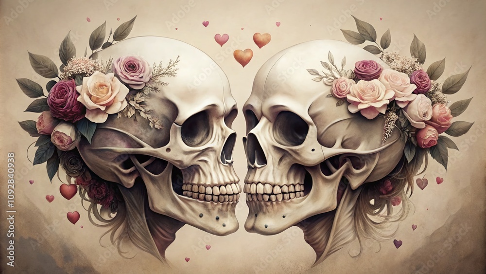 Naklejka premium Minimalist Illustration of a Love Skull Couple Embracing in a Unique and Artistic Style, Perfect for Romantic Decor and Alternative Art Lovers