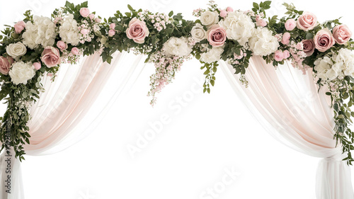 Beautiful wedding arch with pink and white flowers isolated on a white background