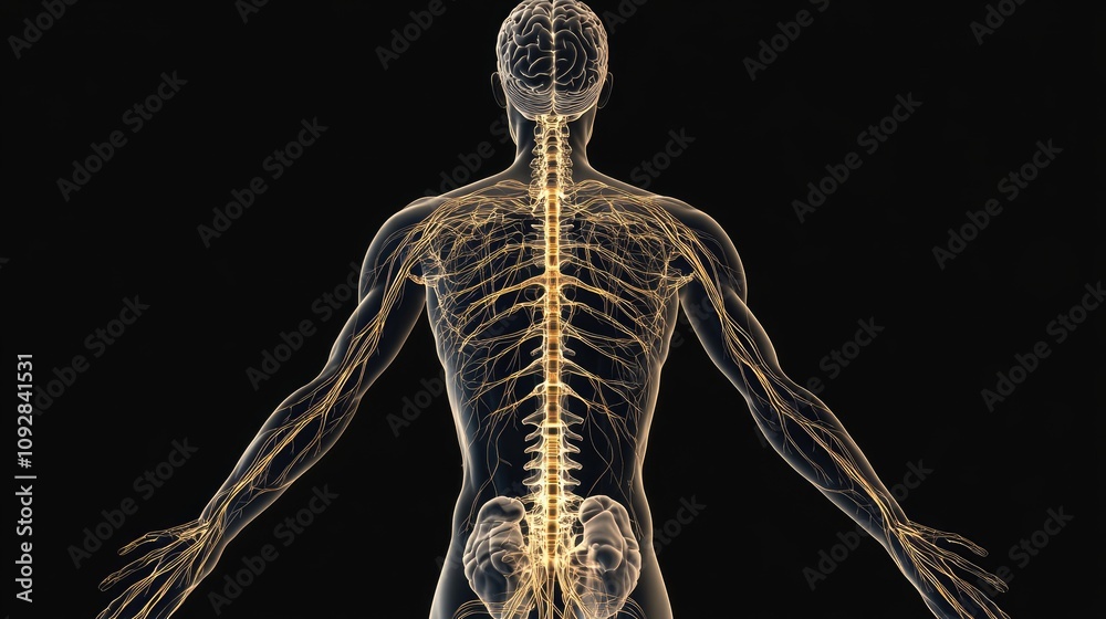 Nervous system, brain and spinal cord highlighted, intricate neuron pathways, 3D illustration Nervous system, brain and spinal cord highlighted, intricate neuron pathways, 3D illustration