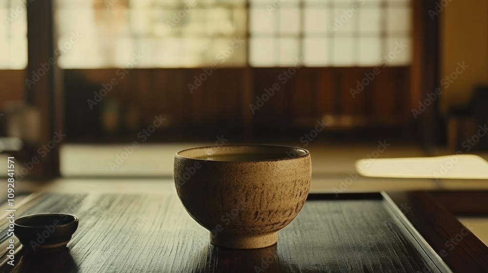 Warm green tea in a ceramic cup, presented in a traditional Japanese tea setting. Warm green tea in a ceramic cup, presented in a traditional Japanese tea setting.