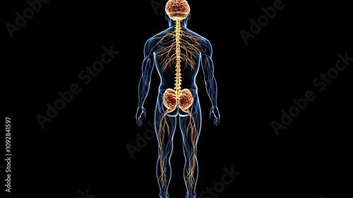 Nervous system, brain and spinal cord highlighted, intricate neuron pathways, 3D illustration 