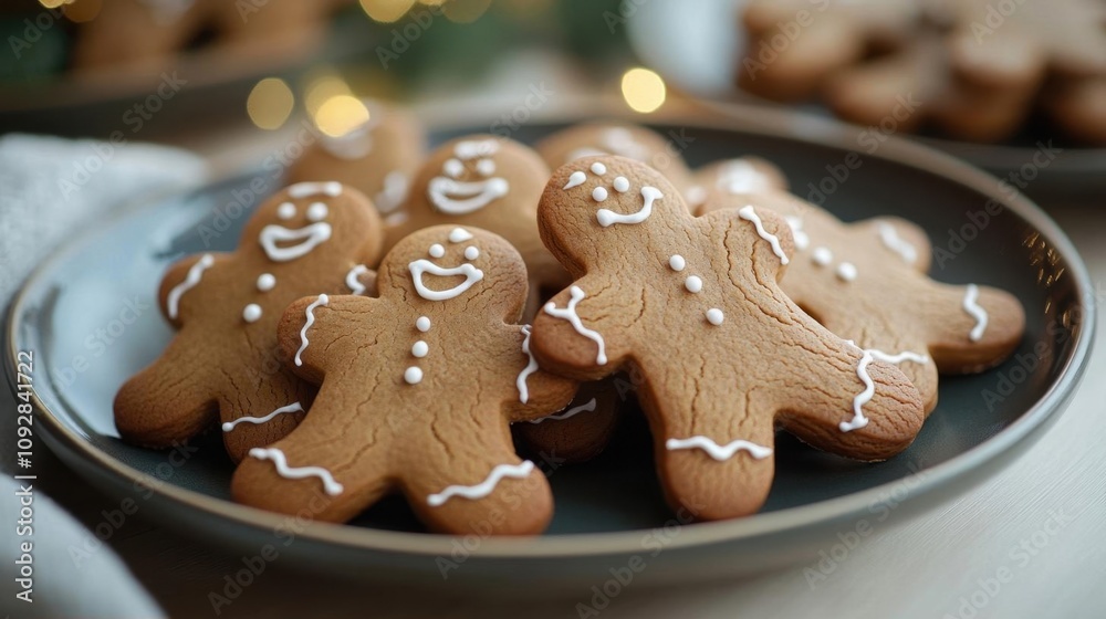 A plate of gingerbread cookies decorated with icing. A plate of gingerbread cookies decorated with icing.