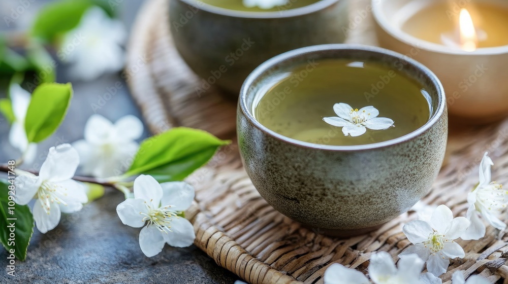 Warm green tea in a ceramic cup, presented in a traditional Japanese tea setting. Warm green tea in a ceramic cup, presented in a traditional Japanese tea setting.
