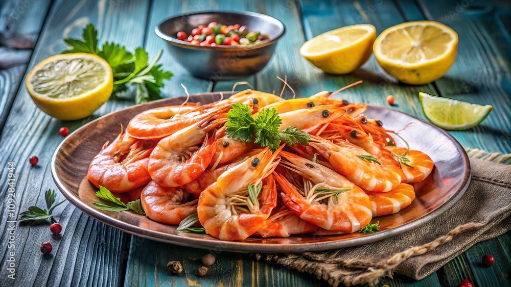 A Delicious Plate of Cooked Shrimp with Fresh Lemon Wedges Garnished Artistically for Culinary Delight and Presentation in a Vibrant Setting A Delicious Plate of Cooked Shrimp with Fresh Lemon Wedges Garnished Artistically for Culinary Delight and Presentation in a Vibrant Setting