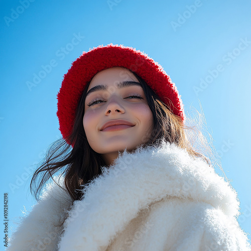 Beautiful model with hat, female model with delicate makeup on blue sky background