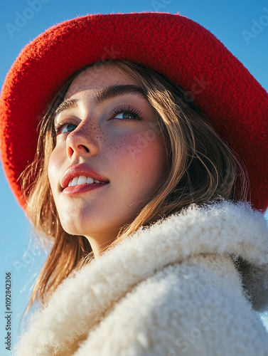 Beautiful model with hat, female model with delicate makeup on blue sky background