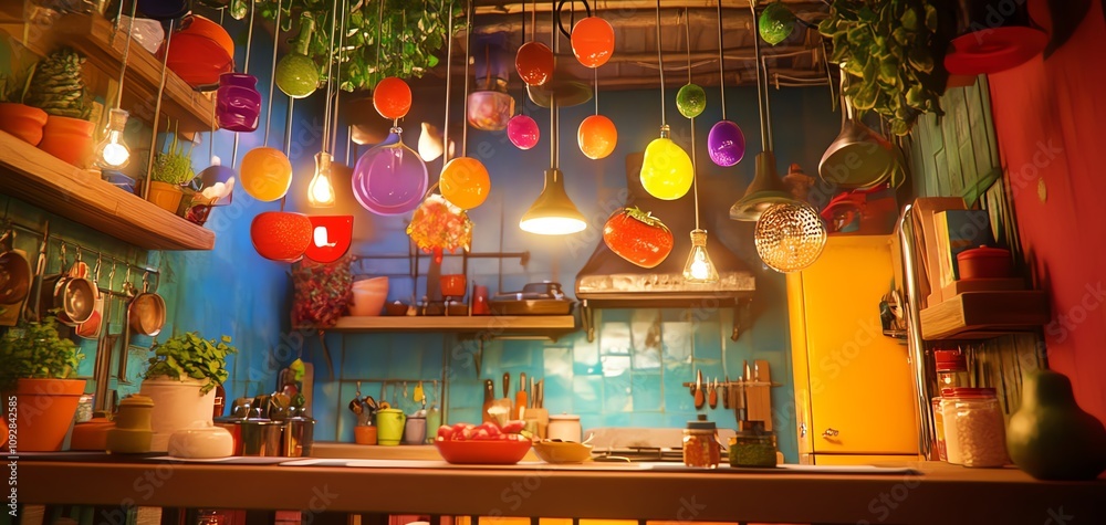 Low-angle view of a whimsical kitchen, vibrant colors and ethereal lights, fantasy ingredients floating, enchanted atmosphere Low-angle view of a whimsical kitchen, vibrant colors and ethereal lights, fantasy ingredients floating, enchanted atmosphere