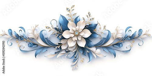 Elegant 3D Blue and White Flower Decorations with Gold Accents – High-Resolution Digital Art Featuring Smooth Patterns and Detailed Vector Illustrations on a Pure White Background