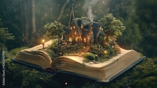 A fairy-tale world emerging from an open book, with glowing fantasy elements and dreamy vibes.