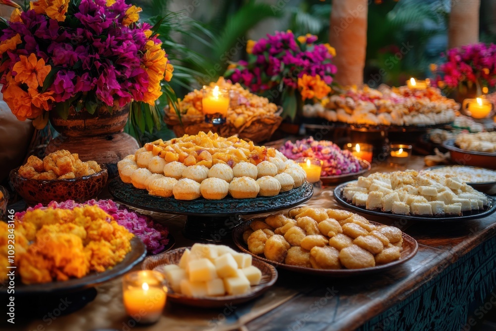 Traditional brazilian desserts on a festive table with colorful decorations Traditional brazilian desserts on a festive table with colorful decorations