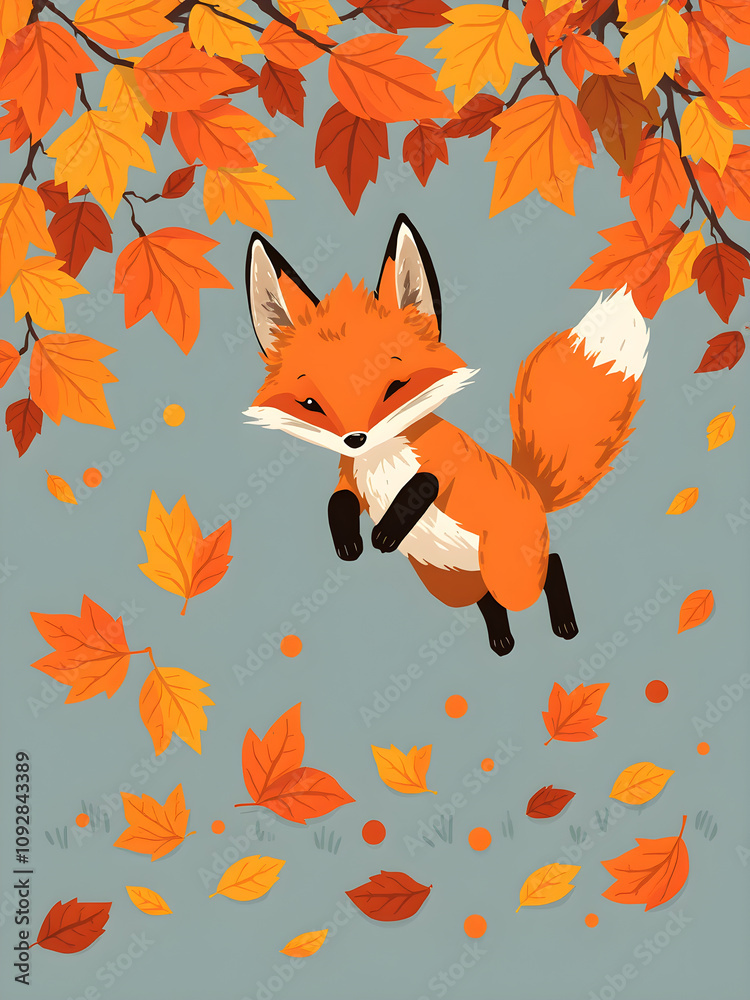 A playful fox jumping through autumn leaves illustration. Generative AI A playful fox jumping through autumn leaves illustration. Generative AI
