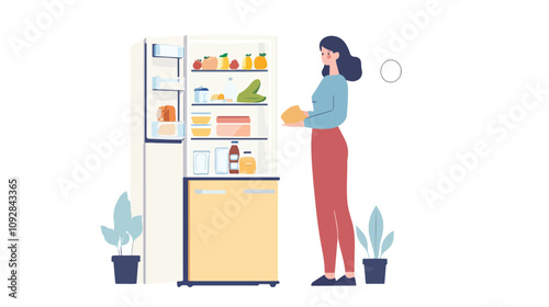 Healthy lifestyle concept. Woman on diet struggles with locked refrigerator. Nutrition and weight loss theme.