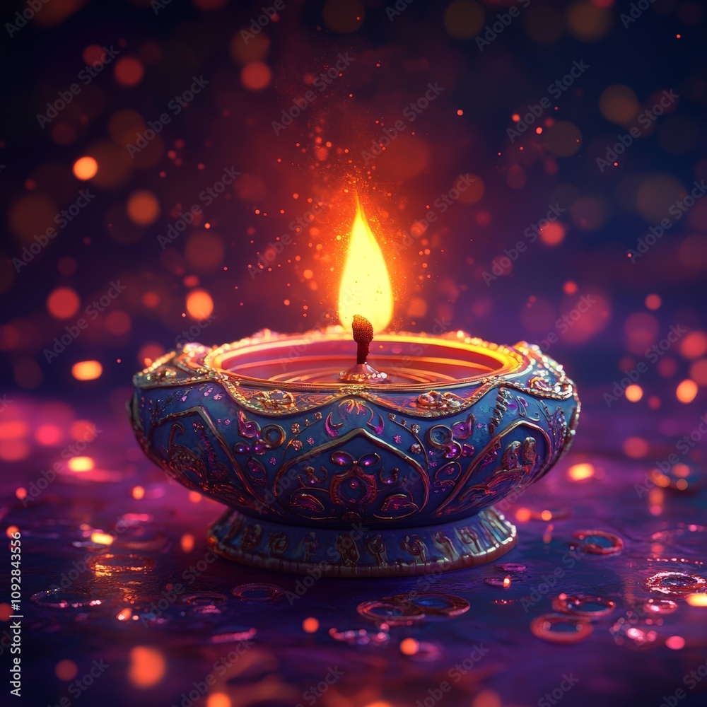 Colorful Diwali Diya with Glowing Flame and Festive Bokeh