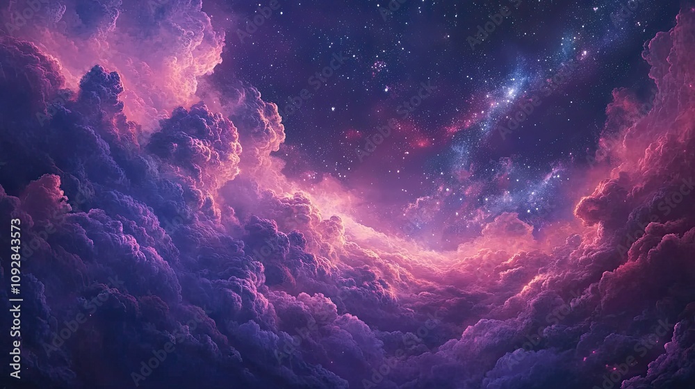 Fototapeta premium Stars peeking through thin clouds in a night sky, blending cosmos and clouds, celestial night