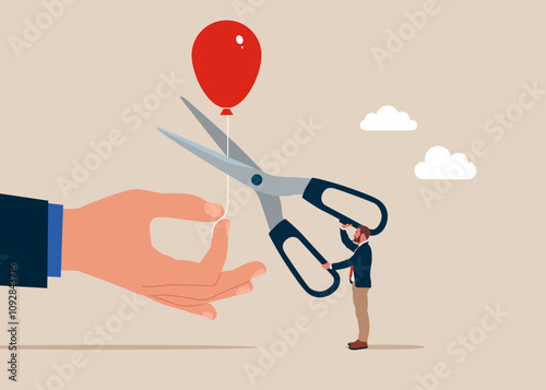 Business team uses scissors cutting balloon string. Modern vector illustration in flat style