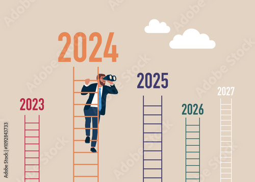 Sees the future. Businessman on stairs to look through binoculars opportunities and targets. Flat vector illustration
