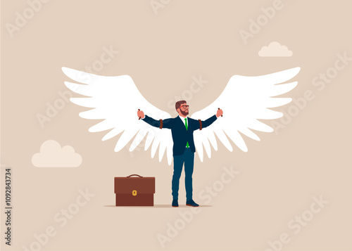 Dreams, hope for the future. Businessman superhero are spreading wings, prepare to fly to goal. Flat vector illustration