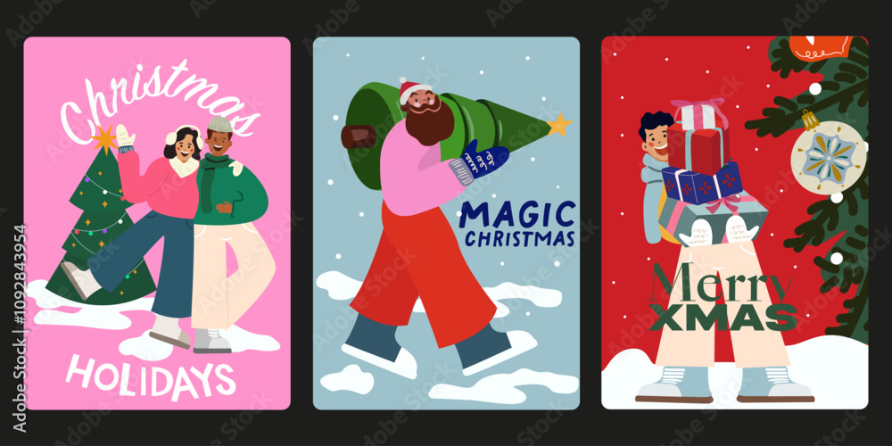 Fototapeta premium Set of happy people characters celebrating Christmas and New Year. Celebrate winter holiday together. Smiling friends enjoy New Year party or celebration. Preparing for the New Year 2025