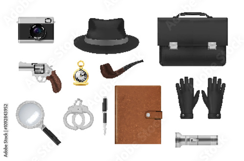 Detective equipment criminal inspector occupation set realistic vector illustration