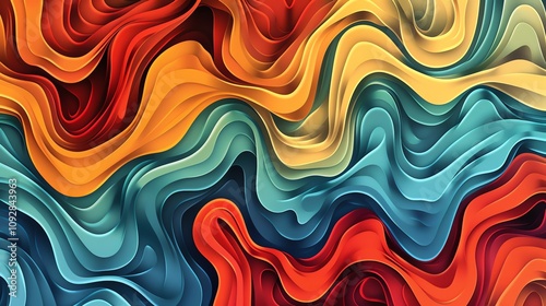 A colorful abstract background with a layered, wavy, and dynamic pattern.