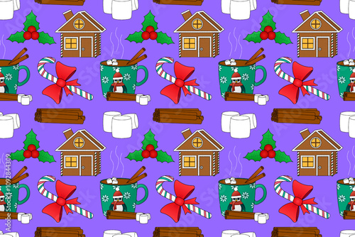 Festive seamless pattern with hot cocoa, gingerbread houses, candy canes, holly, and marshmallows on a purple background.