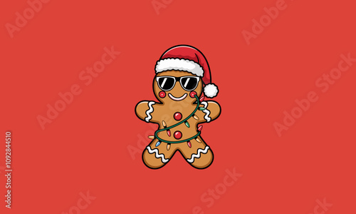 Cool gingerbread man in Santa hat with lights cartoon vector.