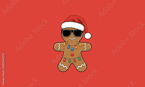Cool gingerbread man in Santa hat with lights cartoon vector.