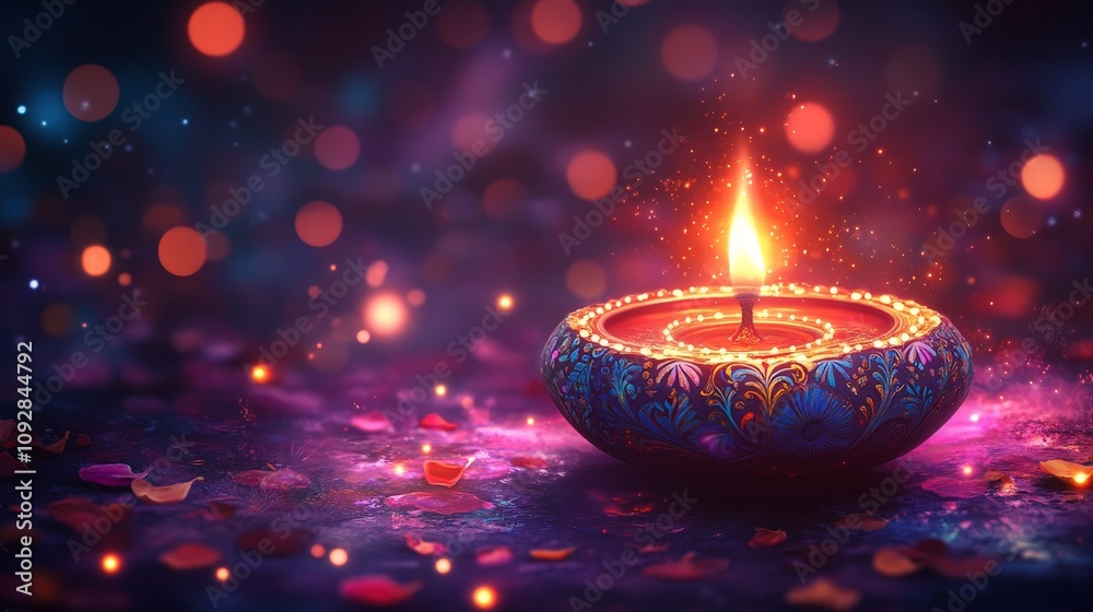 Colorful Diwali Diya with Glowing Flame and Festive Bokeh Colorful Diwali Diya with Glowing Flame and Festive Bokeh