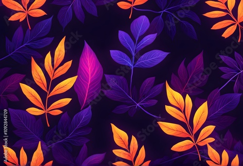 Bold neon leaves glowing against a dark purple background, Ai Generated