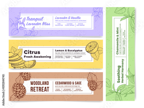 Aromatherapy candle horizontal label design template set engraved vector illustration