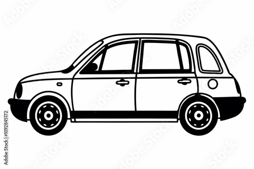 Compact hatchback car silhouette in black and white vector illustration