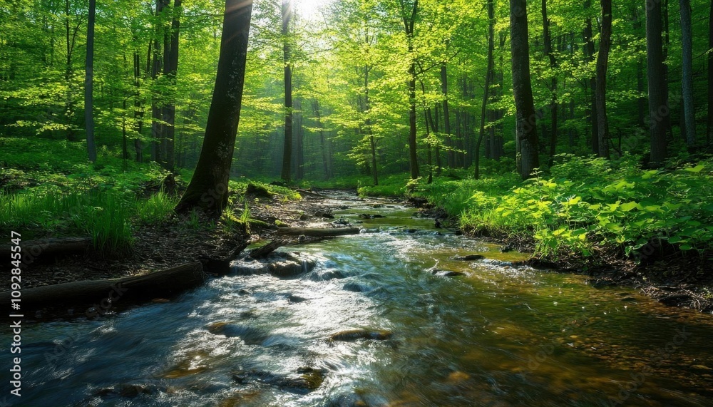 Obraz premium A serene forest scene with a gentle stream and vibrant green foliage.