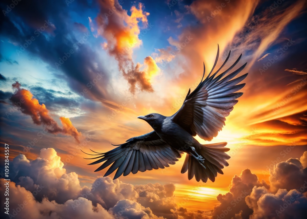 Fototapeta premium Captivating Double Exposure of a Black Bird in Flight with Fully Extended Wings Against a Dramatic Sky Background for Nature and Wildlife Photography Enthusiasts