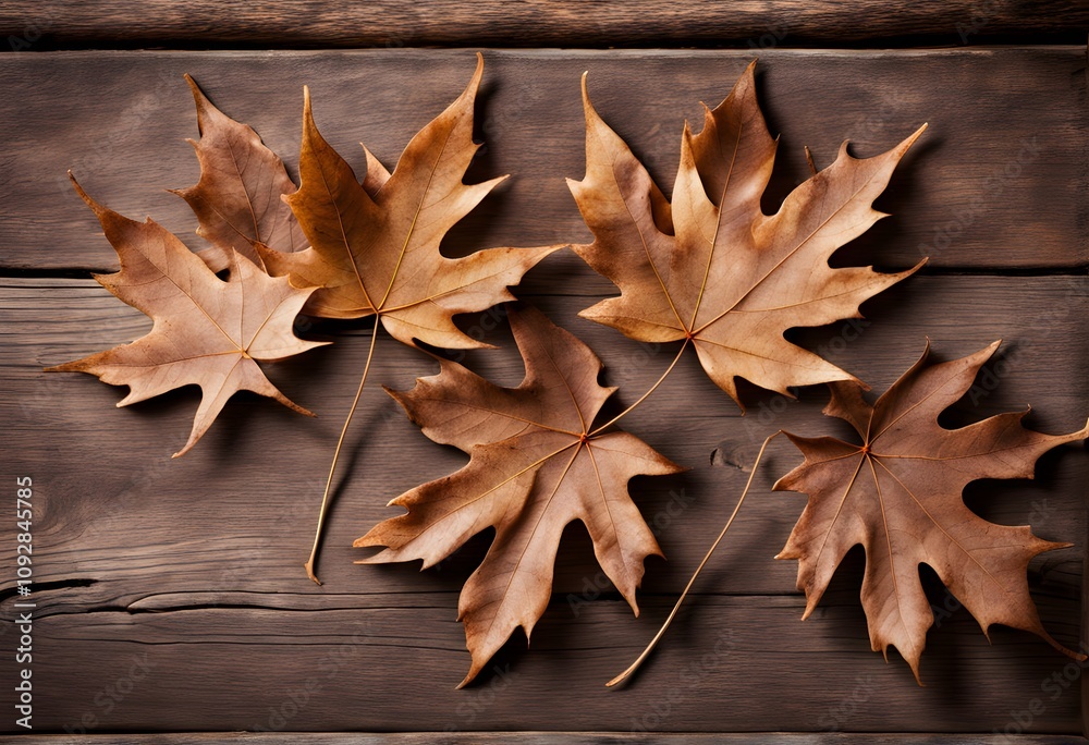 Obraz premium Crisp brown leaves over a rustic wooden background for an autumn feel, AI Generated