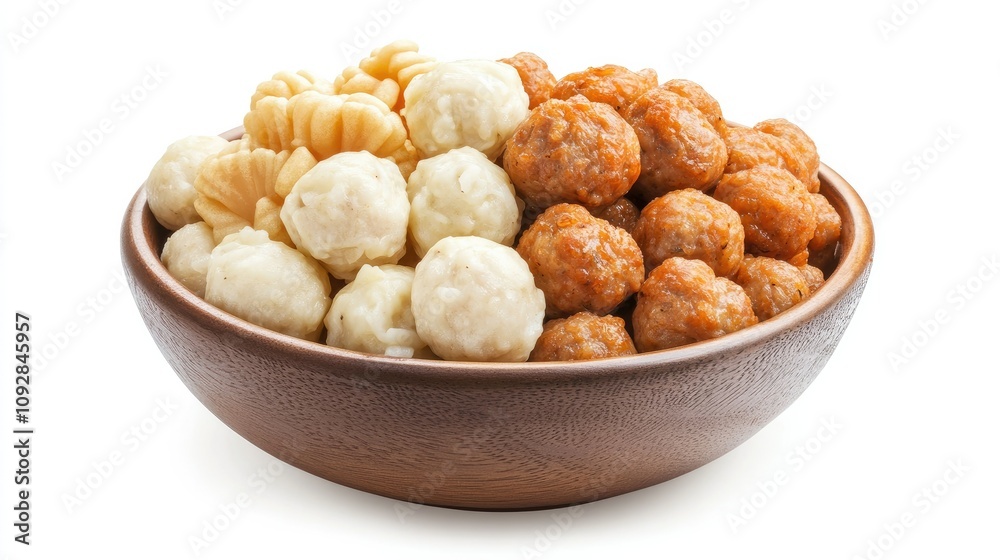 Assortment of meatballs and fishballs served in a bowl, isolated against a white background. Assortment of meatballs and fishballs served in a bowl, isolated against a white background.
