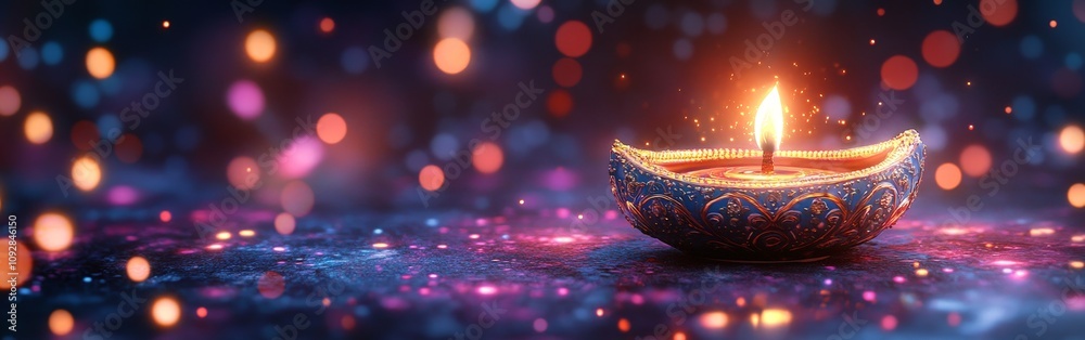 Colorful Diwali Diya with Glowing Flame and Festive Bokeh Colorful Diwali Diya with Glowing Flame and Festive Bokeh