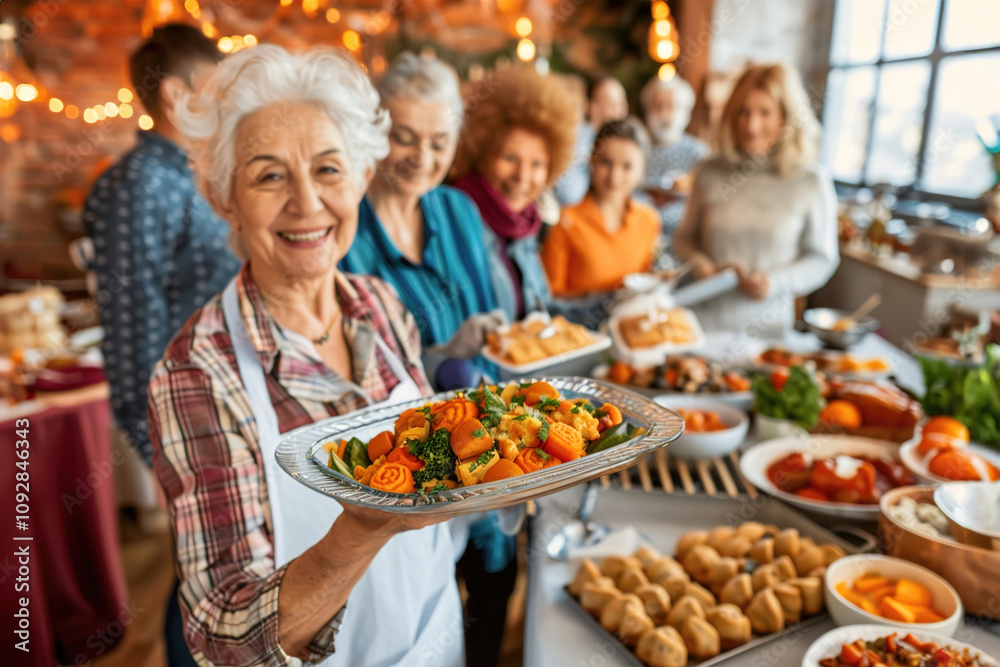 A group of seniors cheerfully serving food at a community charity event, wearing aprons A group of seniors cheerfully serving food at a community charity event, wearing aprons