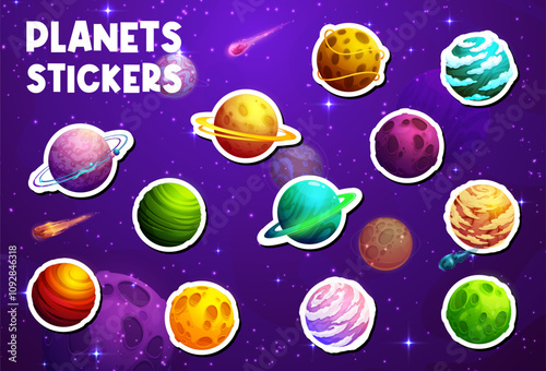 Alien space planets stickers on fantasy galaxy universe sky vector background. Cartoon futuristic planets of alien galaxy outer space stickers pack with color stone surface, craters and orbit rings