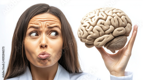 Woman dressed as a doctor holding a 3D brain model with a comically goofy expression, blending medical surrealism and lighthearted humor in an imaginative scientific setting