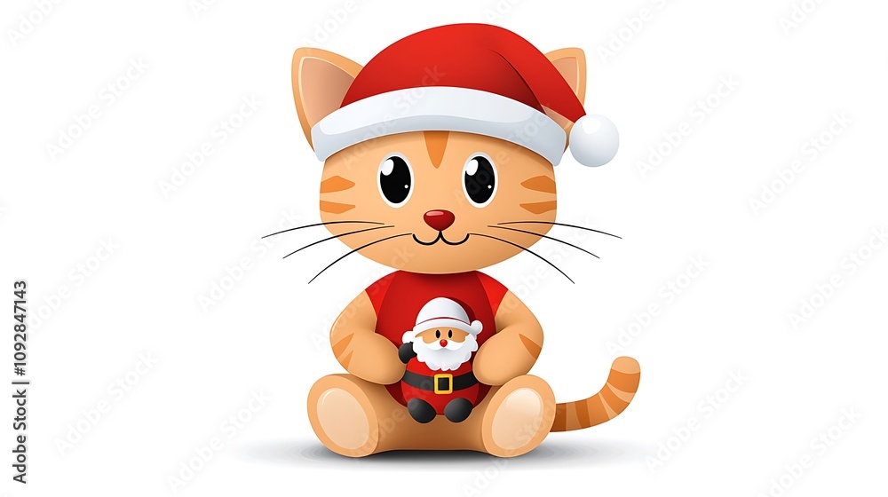 Naklejka premium Adorable Kitten in Santa Hat with Toy Illustration