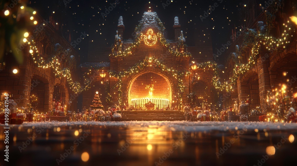 Obraz premium Festive winter celebration cozy cabin digital art snowy landscape warm atmosphere holiday spirit
