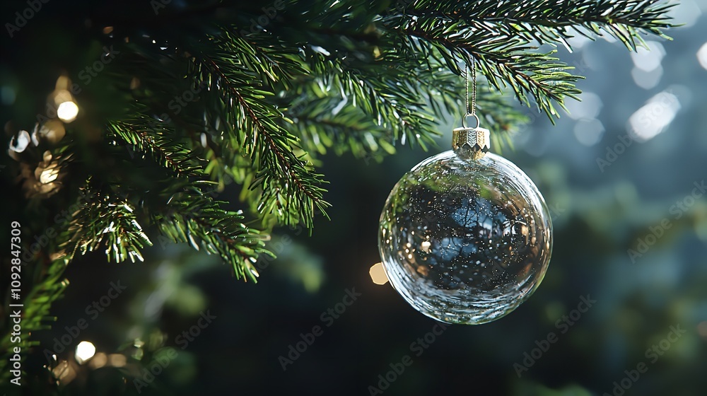 Close-up of a Christmas tree branch with glass ball ornament