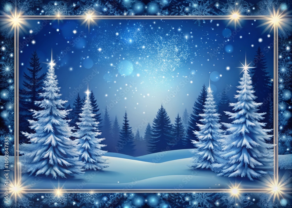 Christmas Winter Frame - A Beautiful Dark Blue Landscape Illustration Featuring a Magical Winter Background with Empty Space for Text and Decorative Elements Christmas Winter Frame - A Beautiful Dark Blue Landscape Illustration Featuring a Magical Winter Background with Empty Space for Text and Decorative Elements