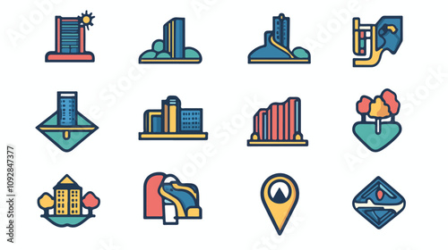Detailed City Map Icon Set with Vector Roads, Streets, and Location Markers