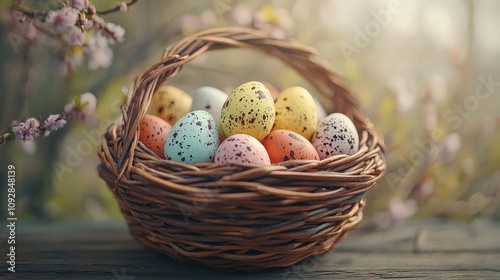 Polka-dot Easter eggs in wicker basket with spring flowers on wooden background