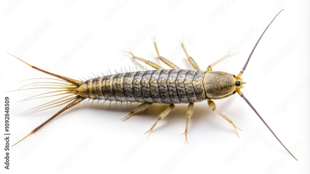 Close-Up Silhouette of Silverfish or Paperfish (Ctenolepisma longicaudata) Isolated on White Background, Showcasing Intricate Details and Unique Body Structure for Educational Purposes Close-Up Silhouette of Silverfish or Paperfish (Ctenolepisma longicaudata) Isolated on White Background, Showcasing Intricate Details and Unique Body Structure for Educational Purposes