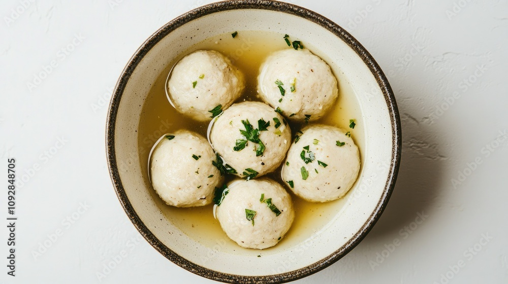 Bowl of porkballs with a clear broth, set on a white background for a simple look. Bowl of porkballs with a clear broth, set on a white background for a simple look.