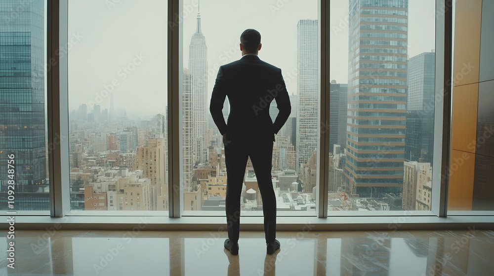 Fototapeta premium A businessman in a suit stands with his back turned, looking out of the window at an empty cityscape